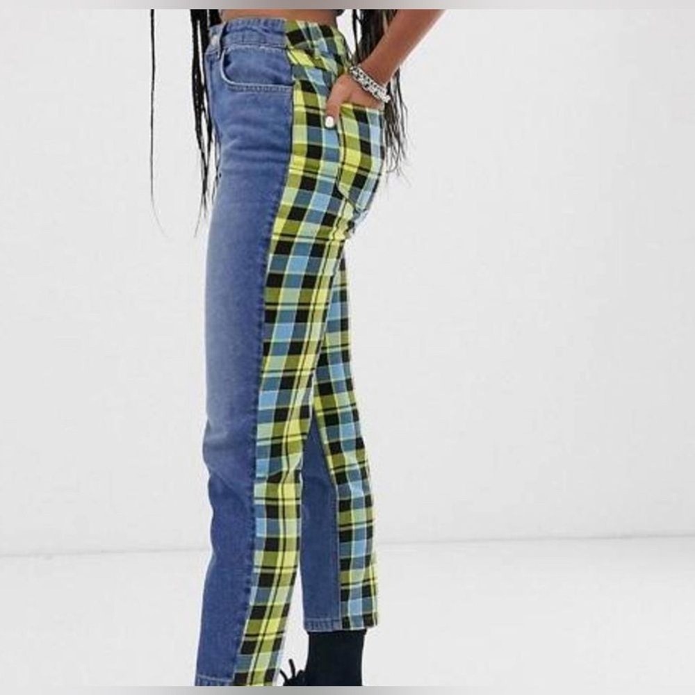 Reclaimed Vintage Mixed Plaid Denim High Waisted Jeans Yellow Blue W26